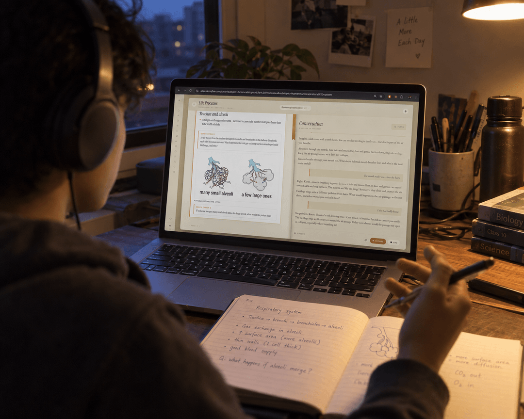 Over a student’s shoulder: a voice lesson on Samajha, with diagrams on the laptop and working in a notebook.