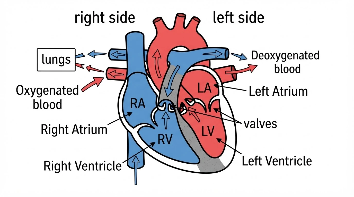 Heart chambers and the separate routes of oxygenated and deoxygenated blood.