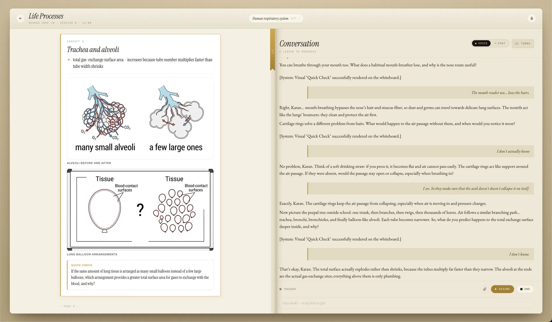 Actual Samajha tutoring interface: a populated whiteboard beside the spoken lesson conversation.